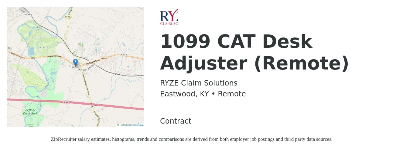 RYZE Claim Solutions job posting for a 1099 CAT Desk Adjuster (Remote) in Eastwood, KY with a salary of $49,700 to $74,500 Yearly with a map of Eastwood location.