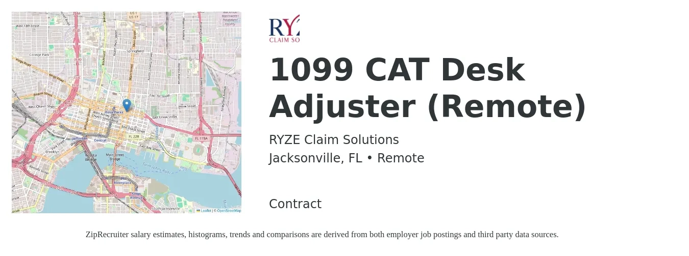 RYZE Claim Solutions job posting for a 1099 CAT Desk Adjuster (Remote) in Jacksonville, FL with a salary of $58,800 to $76,200 Yearly with a map of Jacksonville location.