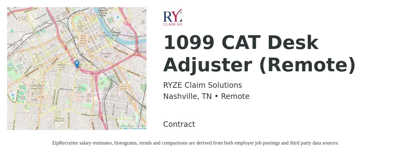 RYZE Claim Solutions job posting for a 1099 CAT Desk Adjuster (Remote) in Nashville, TN with a salary of $48,300 to $72,500 Yearly with a map of Nashville location.