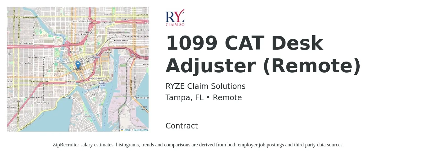 RYZE Claim Solutions job posting for a 1099 CAT Desk Adjuster (Remote) in Tampa, FL with a salary of $47,200 to $70,900 Yearly with a map of Tampa location.