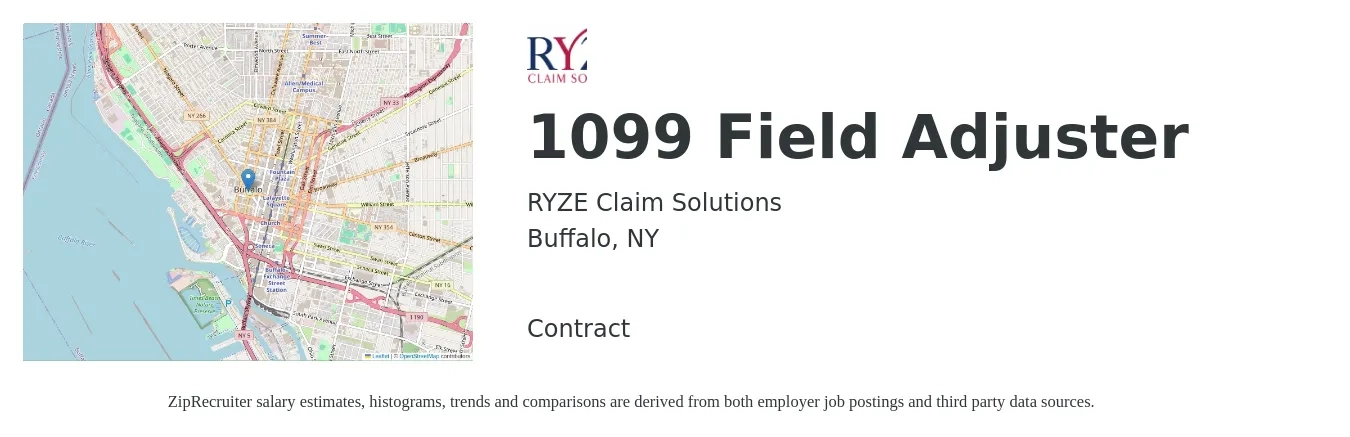 RYZE Claim Solutions job posting for a 1099 Field Adjuster in Buffalo, NY with a salary of $63,000 to $83,800 Yearly with a map of Buffalo location.