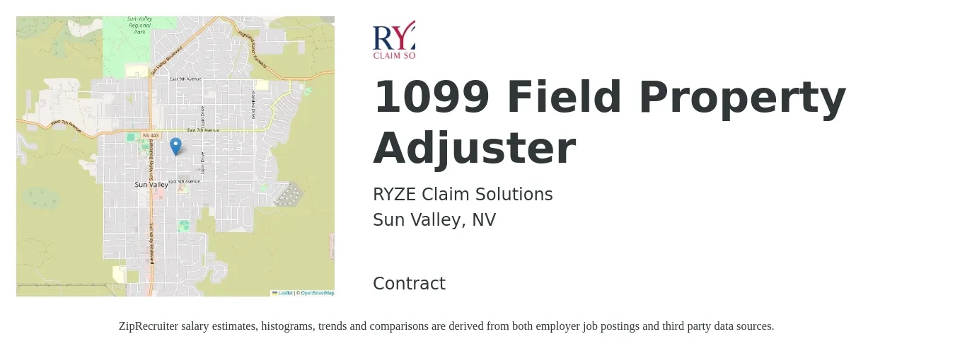 RYZE Claim Solutions job posting for a 1099 Field Property Adjuster in Sun Valley, NV with a salary of $75,000 to $97,200 Yearly with a map of Sun Valley location.