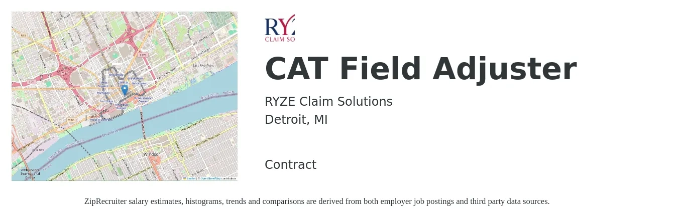 RYZE Claim Solutions job posting for a CAT Field Adjuster in Detroit, MI with a salary of $64,200 to $85,500 Yearly with a map of Detroit location.