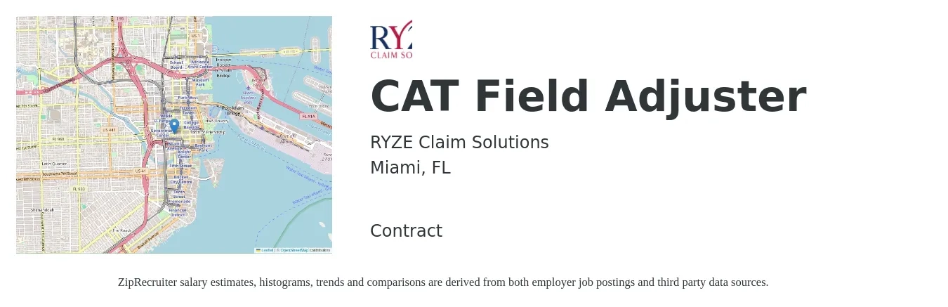 RYZE Claim Solutions job posting for a CAT Field Adjuster in Miami, FL with a salary of $62,100 to $82,600 Yearly with a map of Miami location.