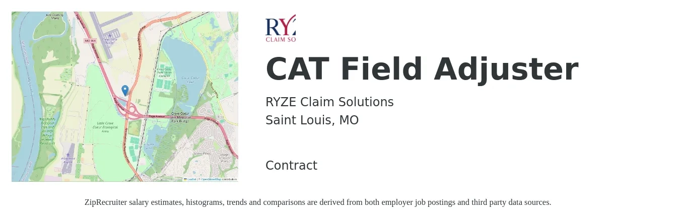 RYZE Claim Solutions job posting for a CAT Field Adjuster in Saint Louis, MO with a salary of $62,900 to $83,700 Yearly with a map of Saint Louis location.