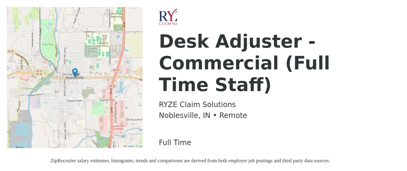 RYZE Claim Solutions job posting for a Desk Adjuster - Commercial (Full Time Staff) in Noblesville, IN with a salary of $62,900 to $78,900 Yearly with a map of Noblesville location.