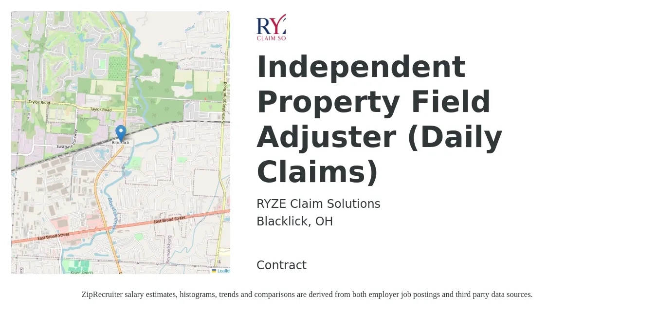 RYZE Claim Solutions job posting for a Independent Property Field Adjuster (Daily Claims) in Blacklick, OH with a salary of $65,200 to $84,600 Yearly with a map of Blacklick location.