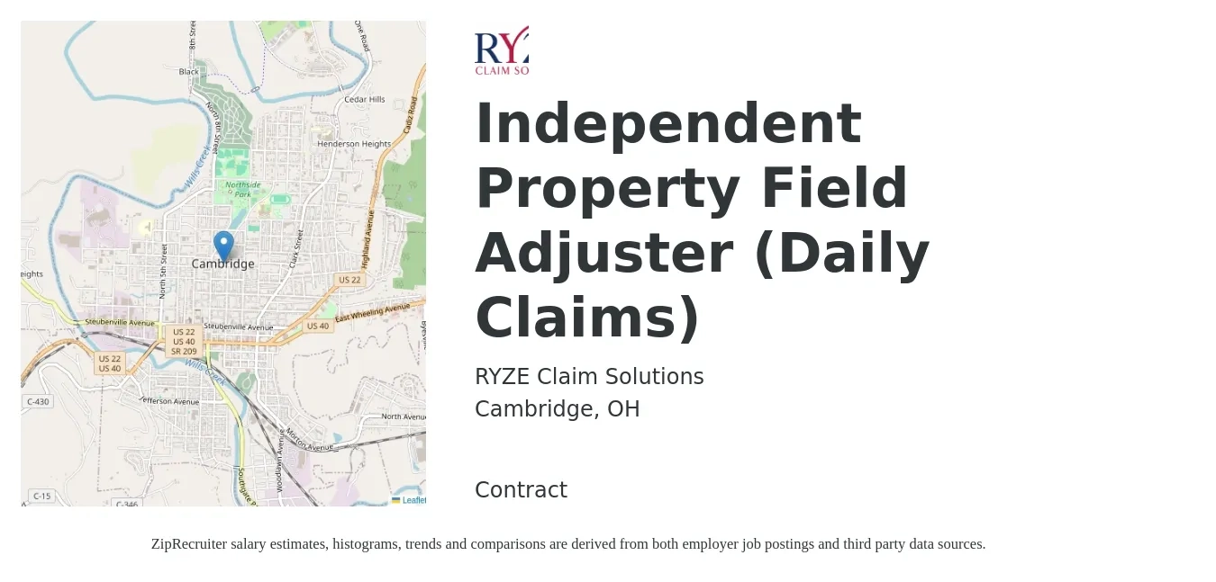 RYZE Claim Solutions job posting for a Independent Property Field Adjuster (Daily Claims) in Cambridge, OH with a salary of $59,900 to $77,600 Yearly with a map of Cambridge location.