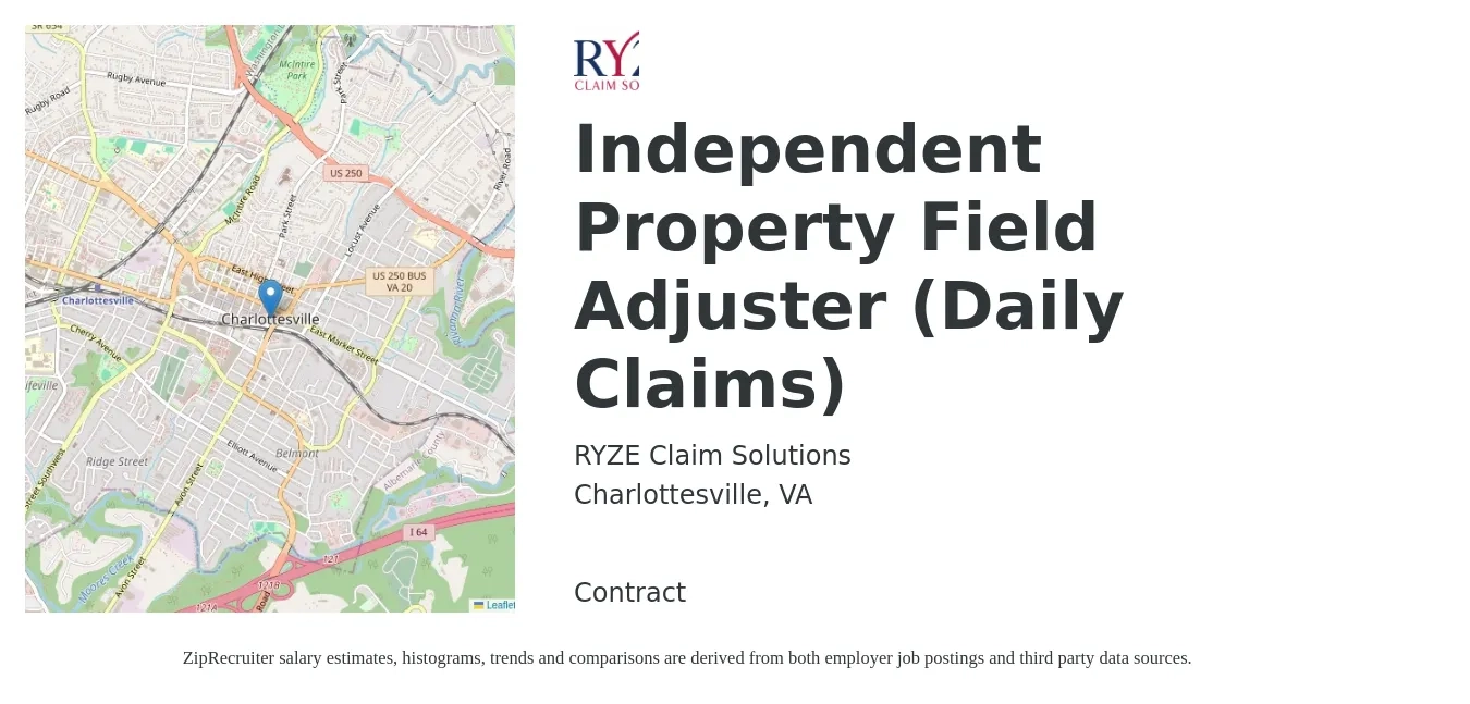 RYZE Claim Solutions job posting for a Independent Property Field Adjuster (Daily Claims) in Charlottesville, VA with a salary of $63,200 to $81,900 Yearly with a map of Charlottesville location.