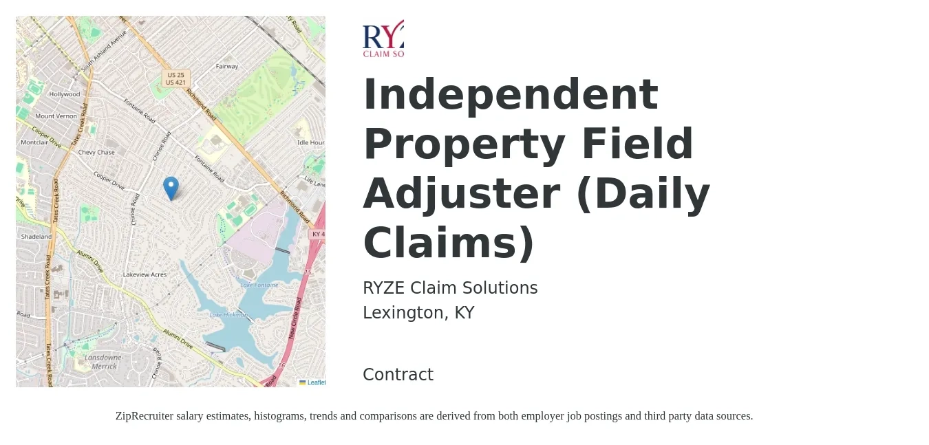RYZE Claim Solutions job posting for a Independent Property Field Adjuster (Daily Claims) in Lexington, KY with a salary of $66,500 to $86,200 Yearly with a map of Lexington location.