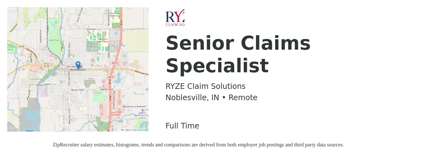 RYZE Claim Solutions job posting for a Senior Claims Specialist in Noblesville, IN with a salary of $17 to $25 Hourly with a map of Noblesville location.