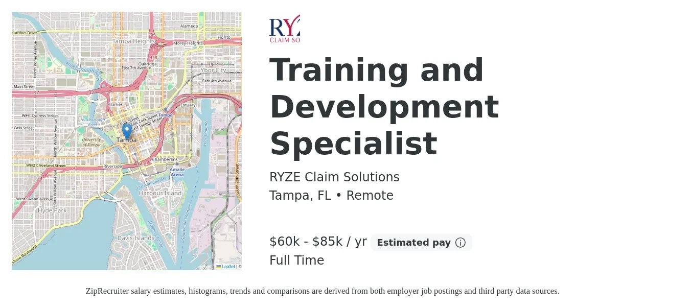 RYZE Claim Solutions job posting for a Training and Development Specialist in Tampa, FL with a salary of $60,000 to $85,000 Yearly with a map of Tampa location.