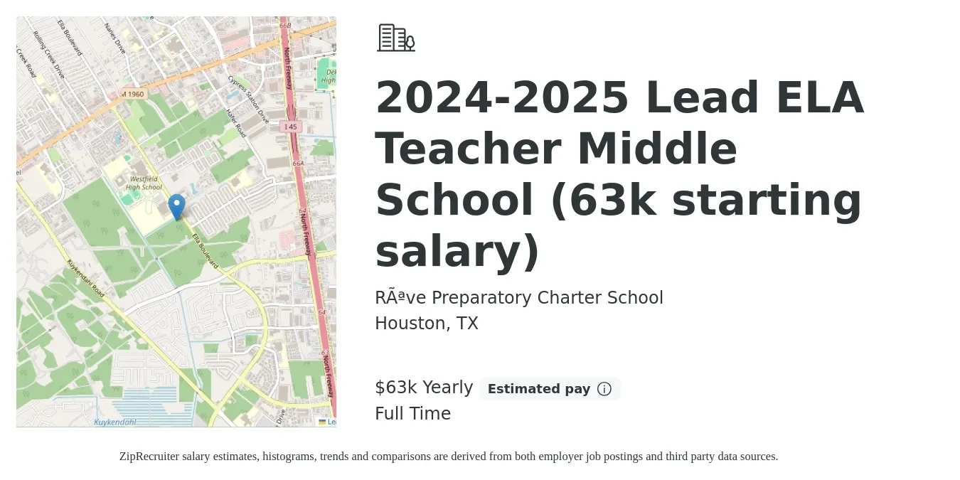 Rêve Preparatory Charter School job posting for a 2024-2025 Lead ELA Teacher Middle School (63k starting salary) in Houston, TX with a salary of $63,000 Yearly with a map of Houston location.