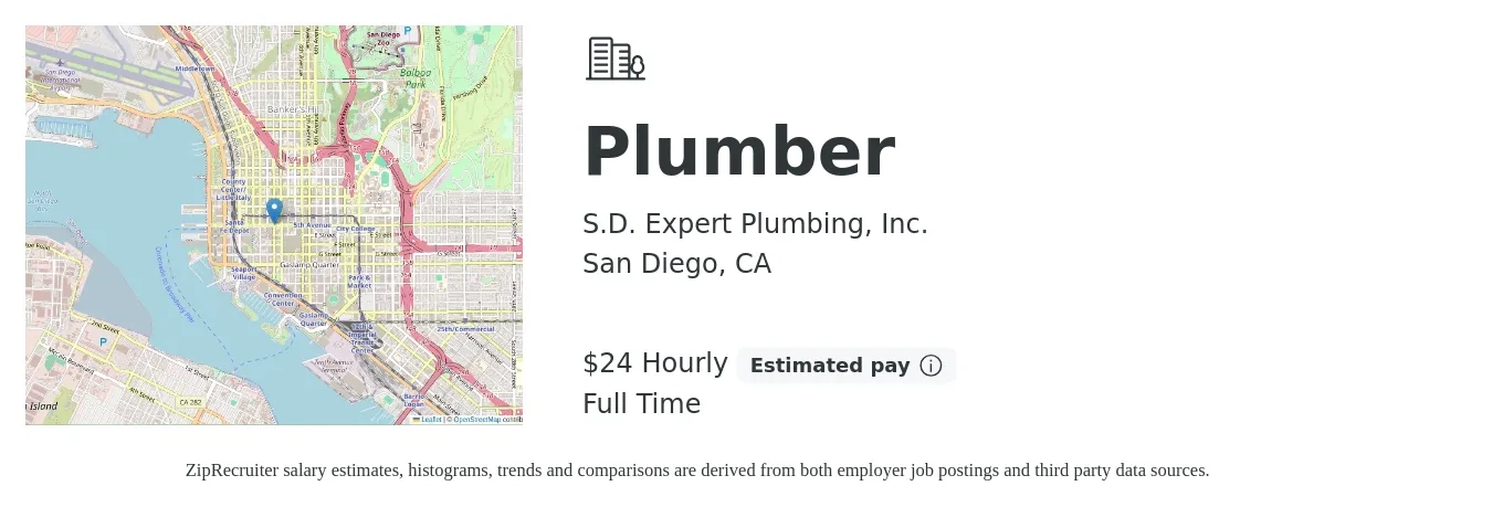 S.D. Expert Plumbing, Inc. job posting for a Plumber in San Diego, CA with a salary of $25 Hourly with a map of San Diego location.