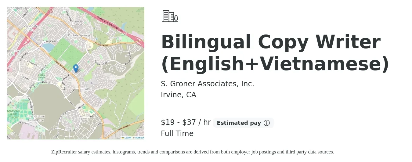 S. Groner Associates, Inc. job posting for a Bilingual Copy Writer (English + Vietnamese) in Irvine, CA with a salary of $20 to $39 Hourly with a map of Irvine location.
