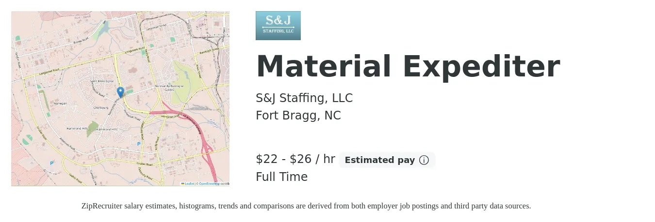 S&J Staffing, LLC job posting for a Material Expediter in Fort Bragg, NC with a salary of $23 to $28 Hourly and benefits including pto with a map of Fort Bragg location.