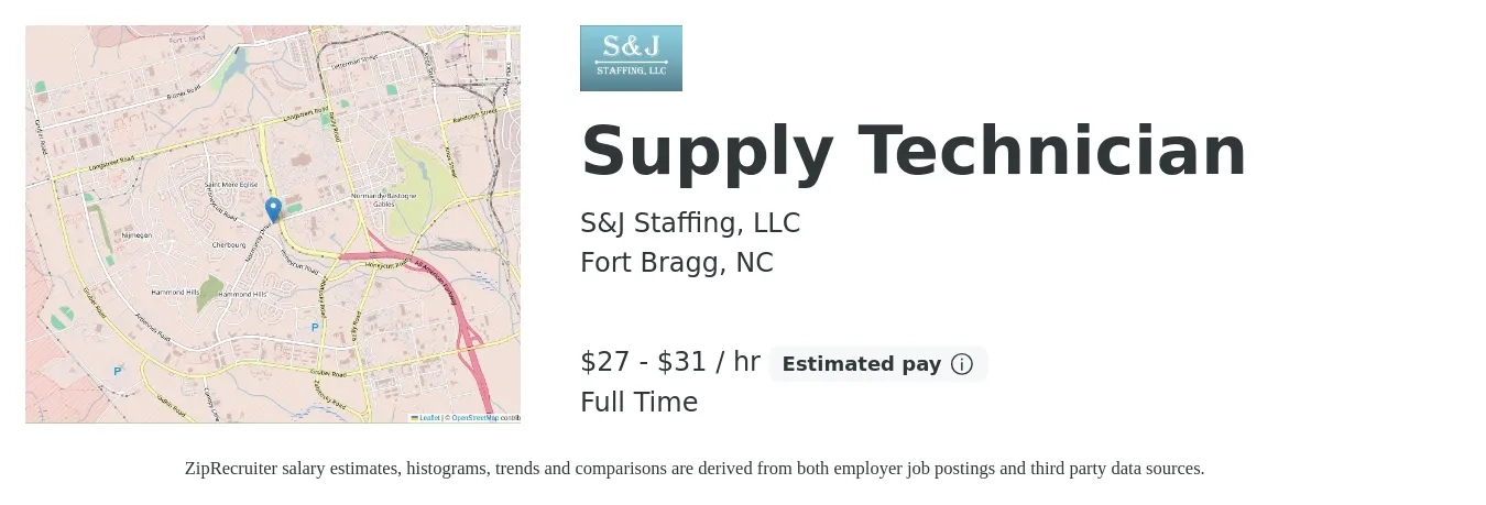 S&J Staffing, LLC job posting for a Supply Technician in Fort Bragg, NC with a salary of $29 to $33 Hourly and benefits including pto with a map of Fort Bragg location.