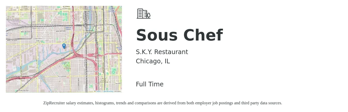 S.K.Y. Restaurant job posting for a Sous Chef in Chicago, IL with a salary of $51,500 to $69,500 Yearly with a map of Chicago location.