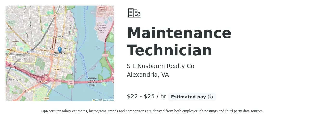 S L Nusbaum Realty Co job posting for a Maintenance Technician in Alexandria, VA with a salary of $23 to $26 Hourly with a map of Alexandria location.