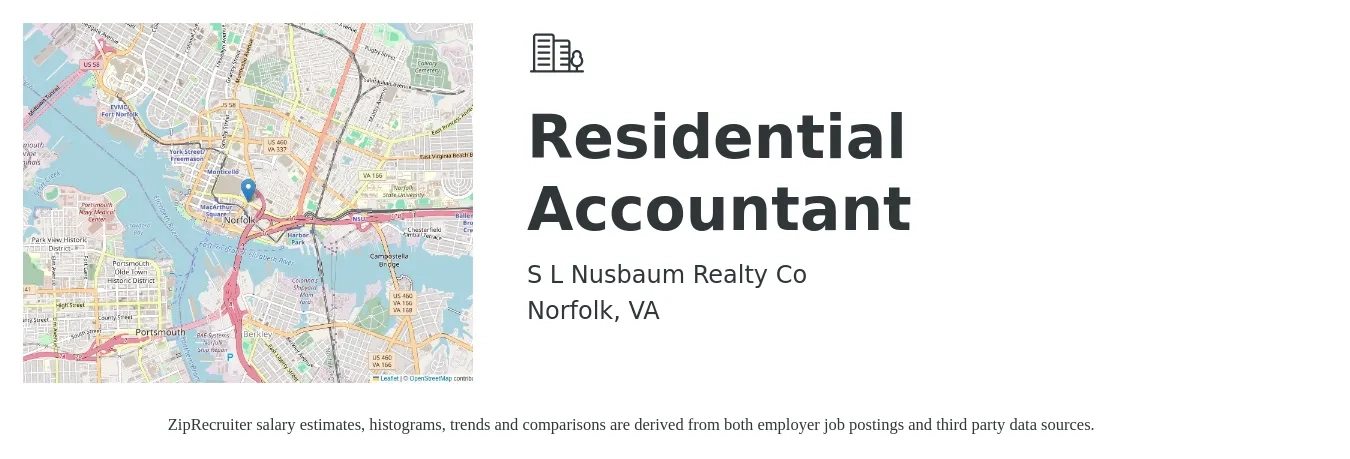 S L Nusbaum Realty Co job posting for a Residential Accountant in Norfolk, VA with a salary of $59,500 to $77,900 Yearly with a map of Norfolk location.