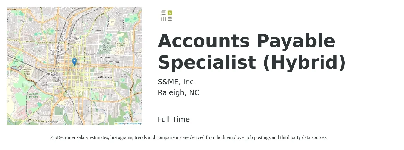 S&ME, Inc. job posting for a Accounts Payable Specialist (Hybrid) in Raleigh, NC with a salary of $21 to $26 Hourly with a map of Raleigh location.