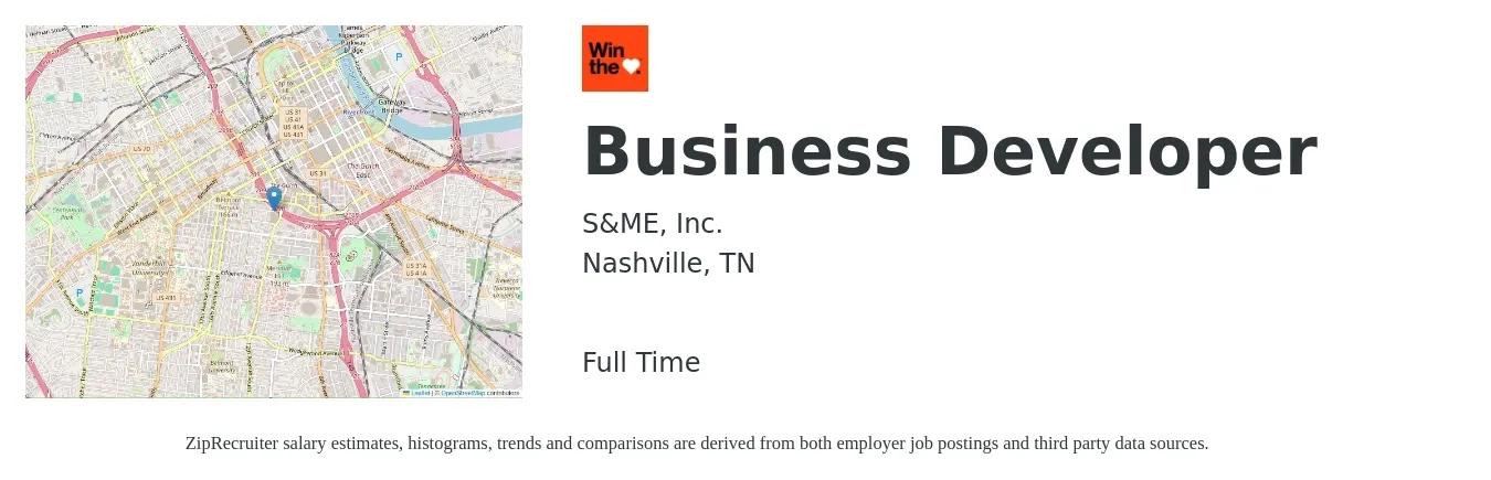 S&ME, Inc. job posting for a Business Developer in Nashville, TN with a salary of $49,800 to $107,800 Yearly with a map of Nashville location.