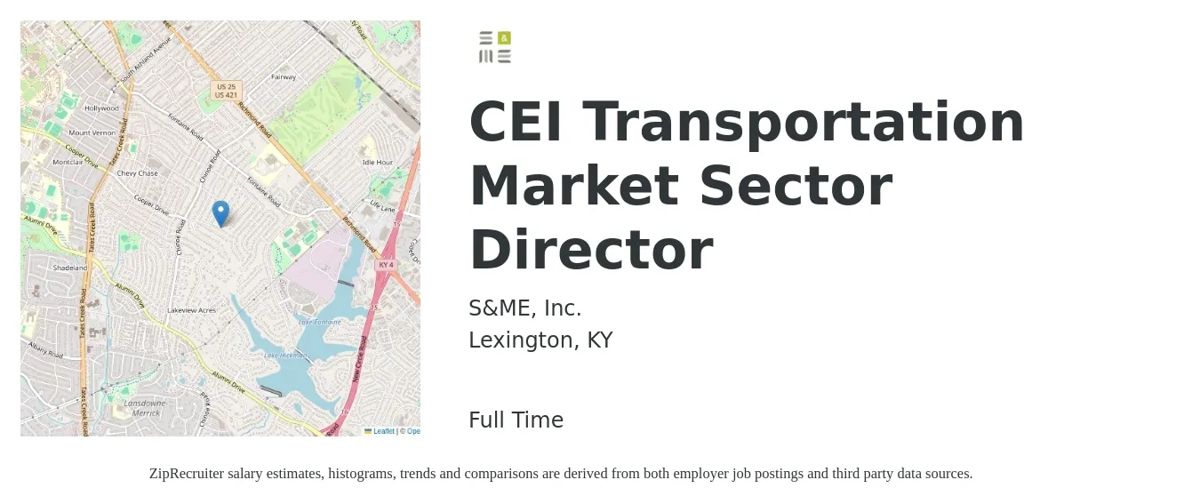 S&ME, Inc. job posting for a CEI Transportation Market Sector Director in Lexington, KY with a salary of $70,200 to $107,100 Yearly with a map of Lexington location.