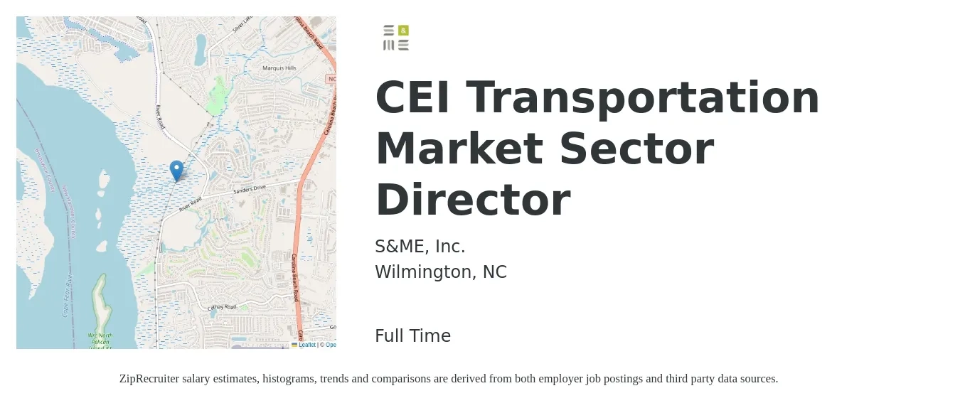 S&ME, Inc. job posting for a CEI Transportation Market Sector Director in Wilmington, NC with a salary of $73,900 to $112,700 Yearly with a map of Wilmington location.