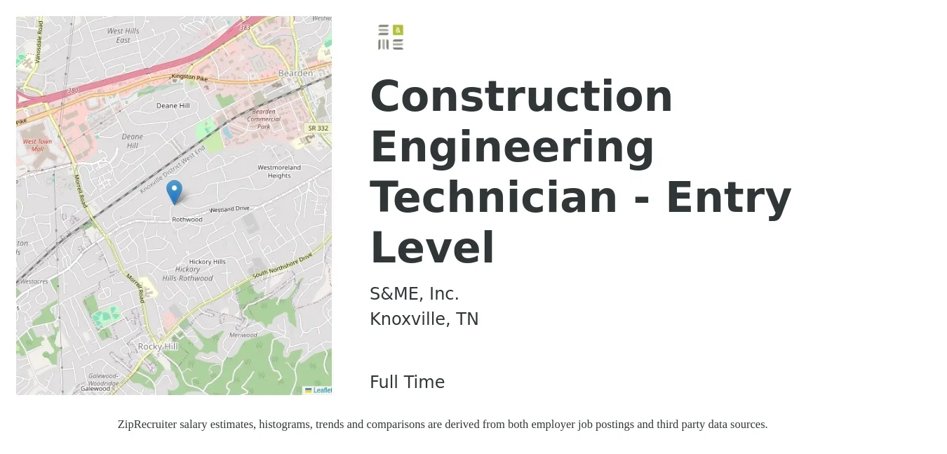 S&ME, Inc. job posting for a Construction Engineering Technician - Entry Level in Knoxville, TN with a salary of $38,800 to $59,400 Yearly with a map of Knoxville location.