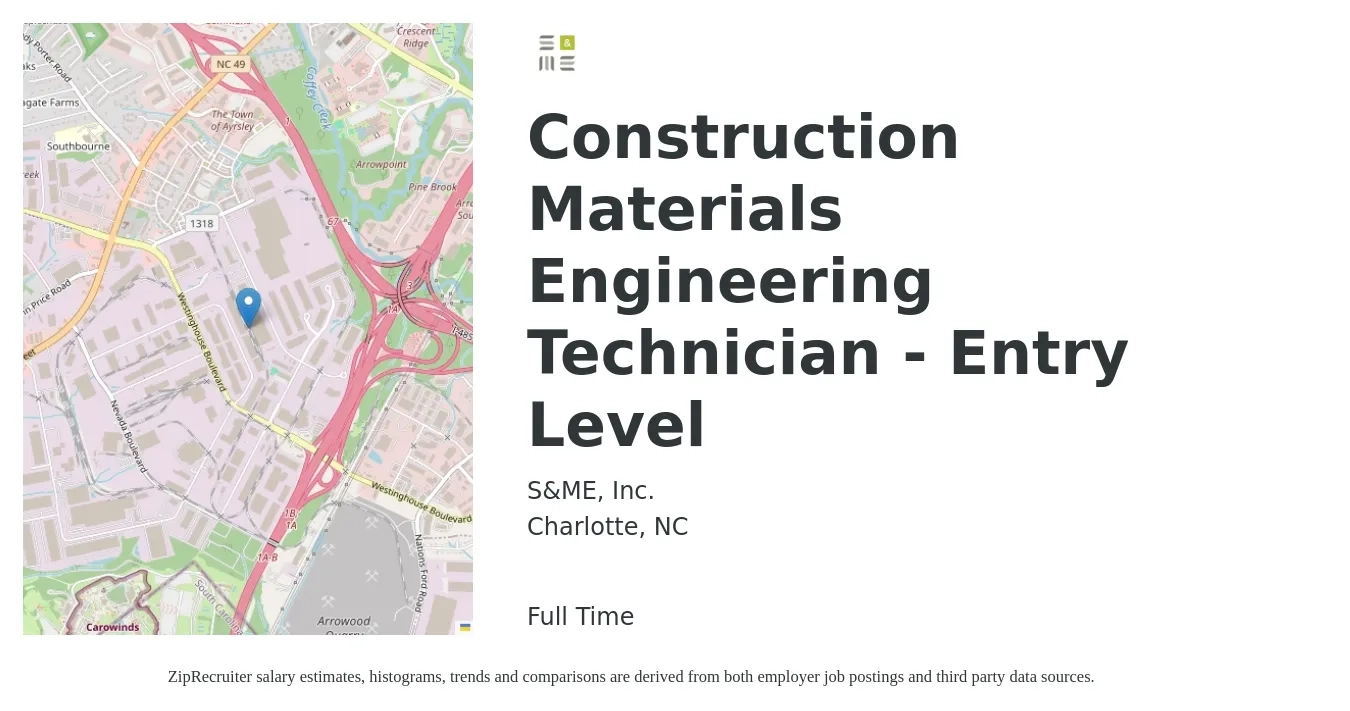 S&ME, Inc. job posting for a Construction Materials Engineering Technician - Entry Level in Charlotte, NC with a salary of $19 to $32 Hourly with a map of Charlotte location.