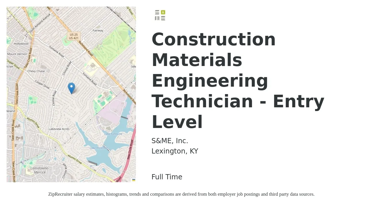 S&ME, Inc. job posting for a Construction Materials Engineering Technician - Entry Level in Lexington, KY with a salary of $18 to $30 Hourly with a map of Lexington location.