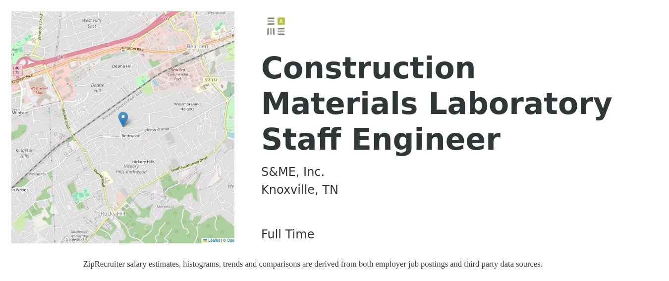 S&ME, Inc. job posting for a Construction Materials Laboratory Staff Engineer in Knoxville, TN with a salary of $32 to $52 Hourly with a map of Knoxville location.