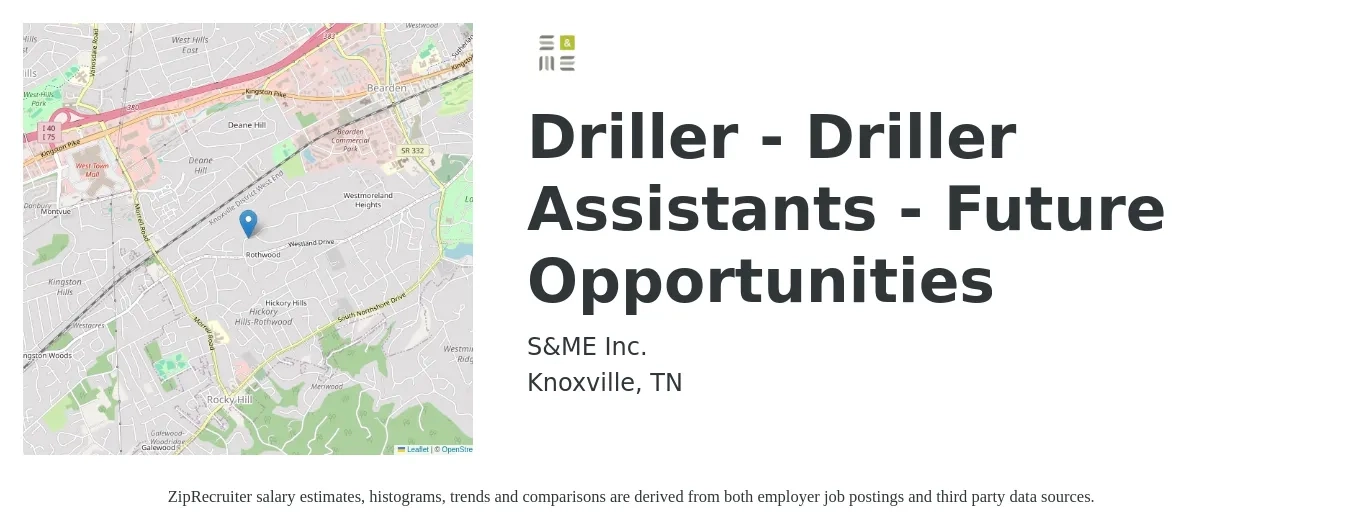 S&ME, Inc. job posting for a Driller - Driller Assistants - Future Opportunities in Knoxville, TN with a salary of $19 to $26 Hourly with a map of Knoxville location.