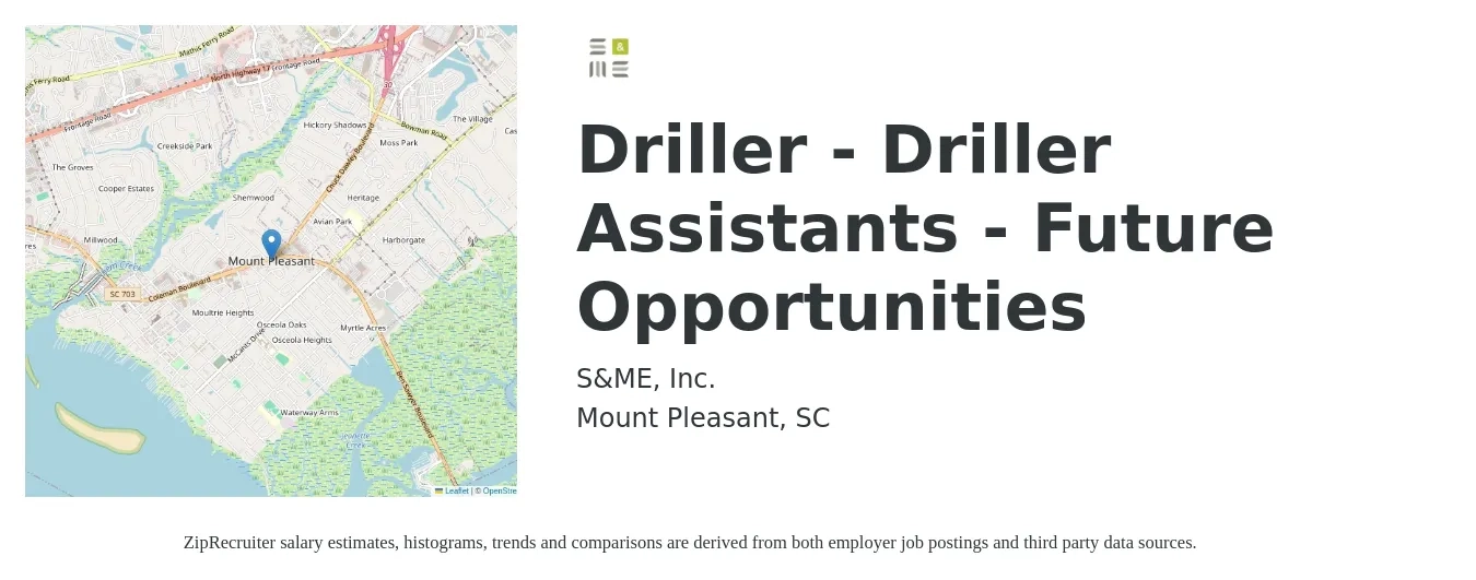 S&ME, Inc. job posting for a Driller - Driller Assistants - Future Opportunities in Mount Pleasant, SC with a salary of $22 to $30 Hourly with a map of Mount Pleasant location.