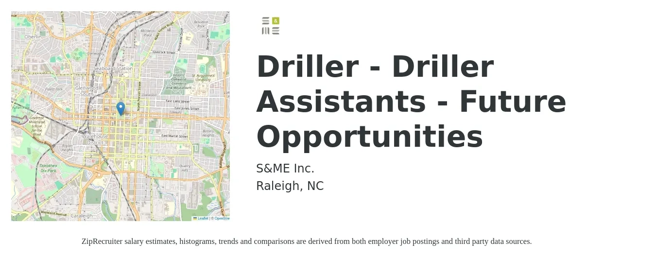 S&ME, Inc. job posting for a Driller - Driller Assistants - Future Opportunities in Raleigh, NC with a salary of $22 to $30 Hourly with a map of Raleigh location.
