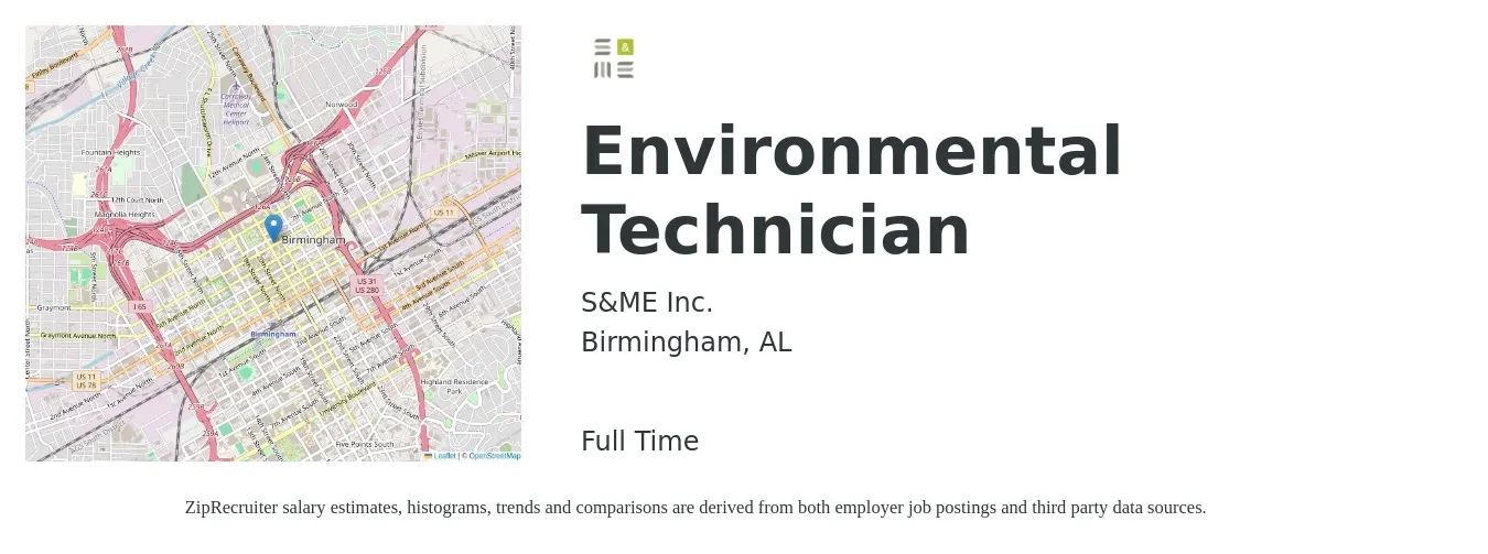 S&ME, Inc. job posting for a Environmental Technician in Birmingham, AL with a salary of $18 to $26 Hourly with a map of Birmingham location.