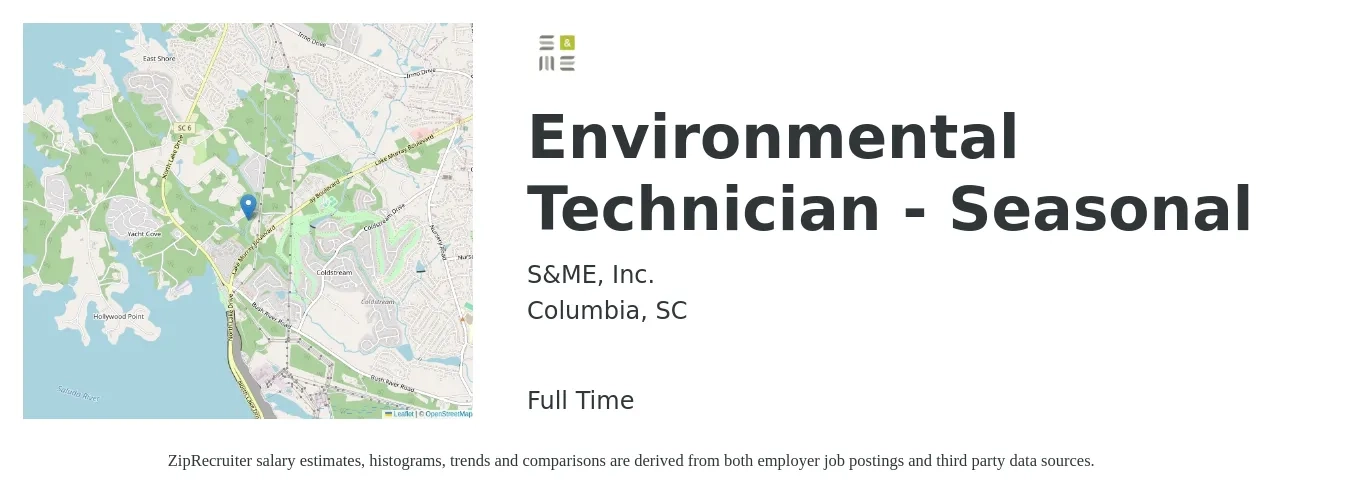 S&ME, Inc. job posting for a Environmental Technician - Seasonal in Columbia, SC with a salary of $17 to $24 Hourly with a map of Columbia location.