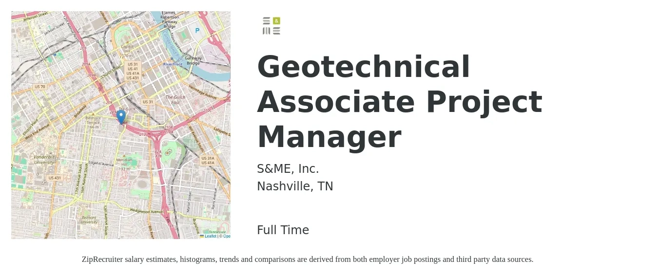 S&ME, Inc. job posting for a Geotechnical Associate Project Manager in Nashville, TN with a salary of $78,300 to $126,100 Yearly with a map of Nashville location.