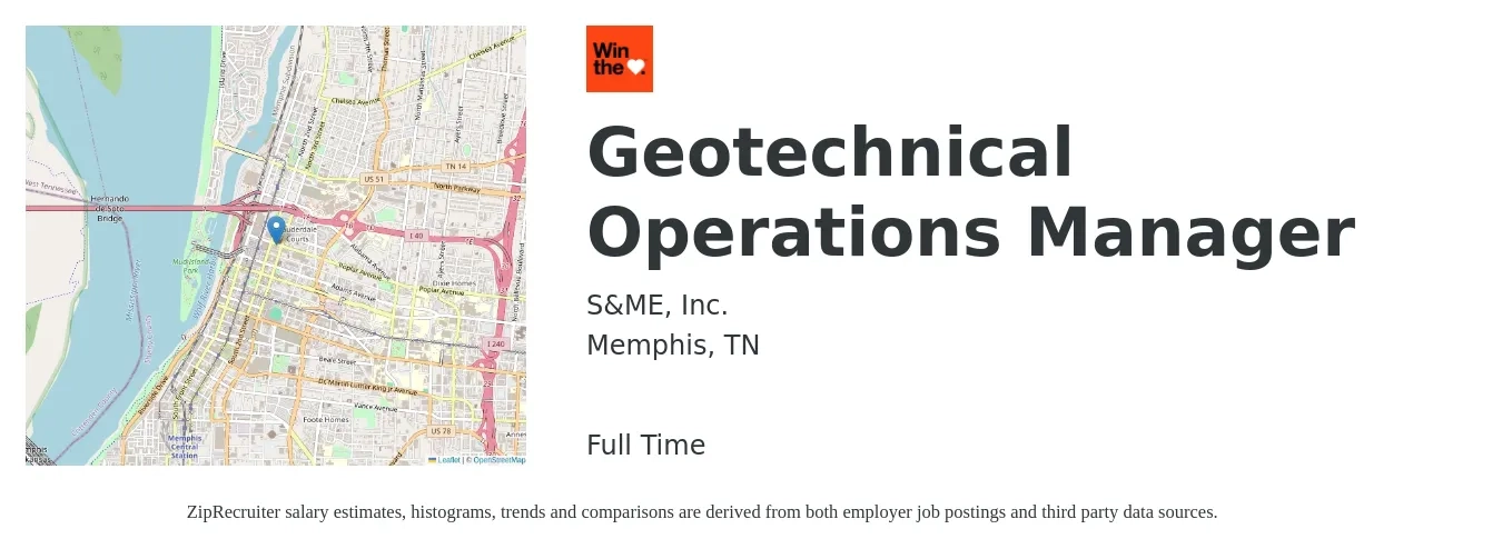 S&ME, Inc. job posting for a Geotechnical Operations Manager in Memphis, TN with a salary of $72,300 to $116,500 Yearly with a map of Memphis location.