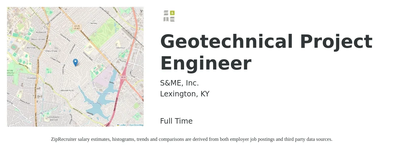 S&ME, Inc. job posting for a Geotechnical Project Engineer in Lexington, KY with a salary of $61,500 to $94,500 Yearly with a map of Lexington location.