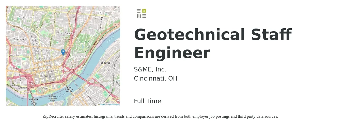 S&ME, Inc. job posting for a Geotechnical Staff Engineer in Cincinnati, OH with a salary of $68,200 to $104,700 Yearly with a map of Cincinnati location.