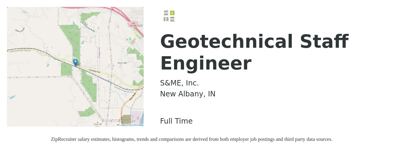 S&ME, Inc. job posting for a Geotechnical Staff Engineer in New Albany, IN with a salary of $65,700 to $100,900 Yearly with a map of New Albany location.