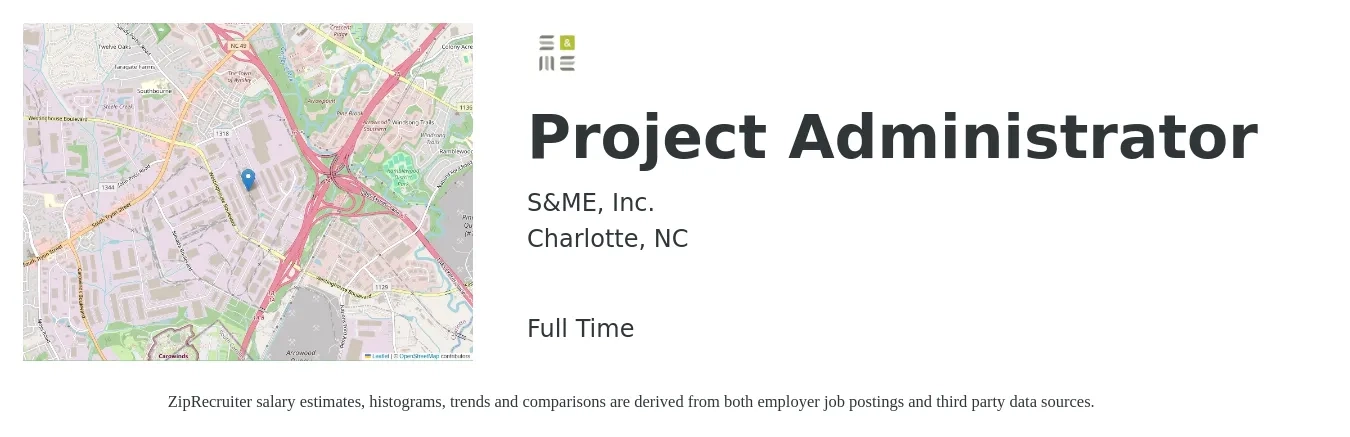 S&ME, Inc. job posting for a Project Administrator in Charlotte, NC with a salary of $22 to $33 Hourly with a map of Charlotte location.
