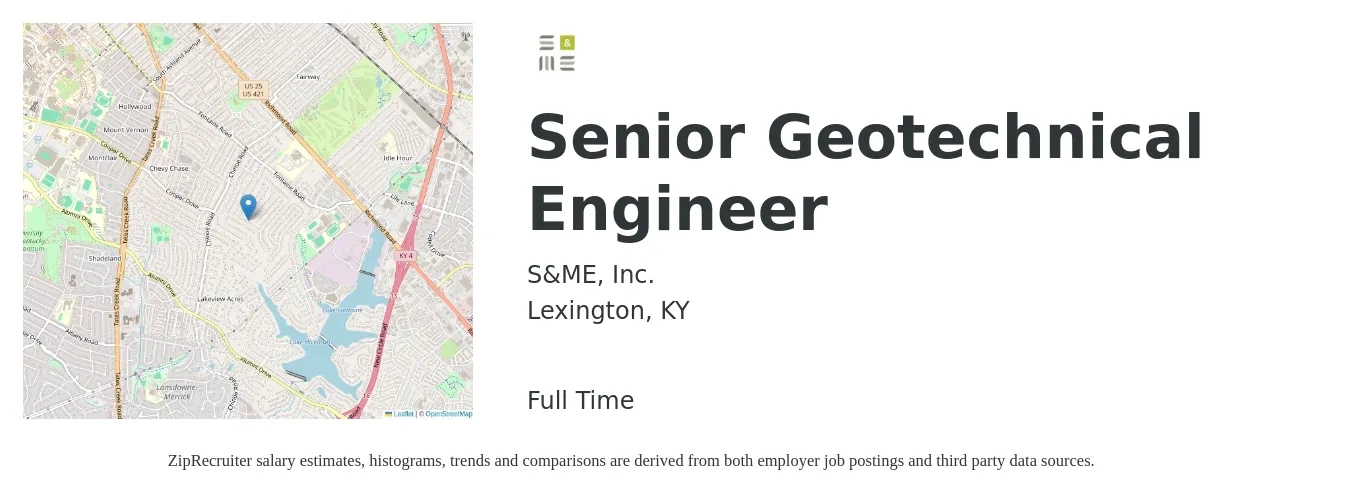 S&ME, Inc. job posting for a Senior Geotechnical Engineer in Lexington, KY with a salary of $82,800 to $113,600 Yearly with a map of Lexington location.