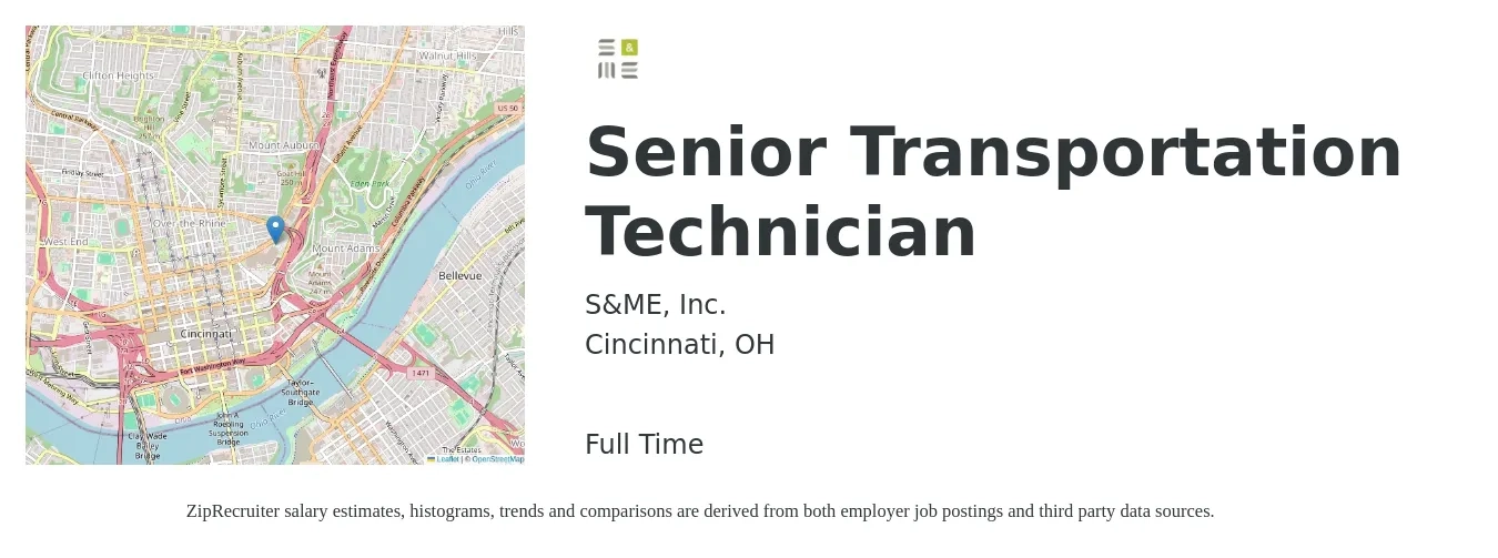 S&ME, Inc. job posting for a Senior Transportation Technician in Cincinnati, OH with a salary of $21 to $30 Hourly with a map of Cincinnati location.