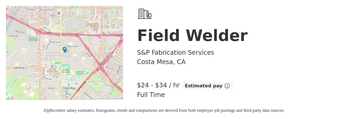 S&P Fabrication Services job posting for a Field Welder in Costa Mesa, CA with a salary of $25 to $36 Hourly with a map of Costa Mesa location.