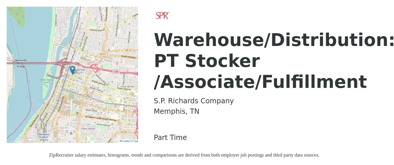 S.P. Richards Company job posting for a Warehouse/Distribution: PT Stocker /Associate/Fulfillment in Memphis, TN with a salary of $16 to $18 Hourly with a map of Memphis location.