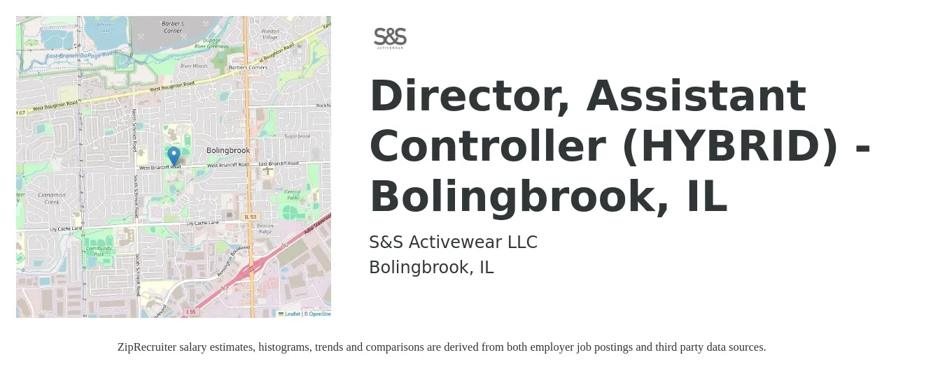 S&S Activewear LLC job posting for a Director, Assistant Controller (HYBRID) - Bolingbrook, IL in Bolingbrook, IL with a salary of $82,600 to $117,700 Yearly with a map of Bolingbrook location.