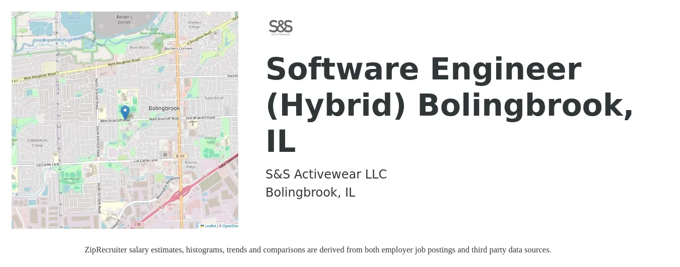S&S Activewear LLC job posting for a Software Engineer (Hybrid) Bolingbrook, IL in Bolingbrook, IL with a salary of $118,700 to $171,100 Yearly with a map of Bolingbrook location.