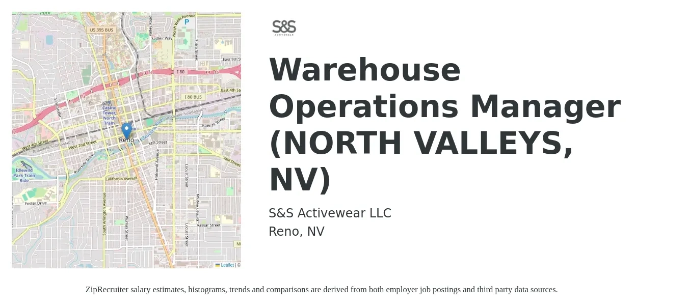 S&S Activewear LLC job posting for a Warehouse Operations Manager (NORTH VALLEYS, NV) in Reno, NV with a salary of $54,800 to $80,300 Yearly with a map of Reno location.